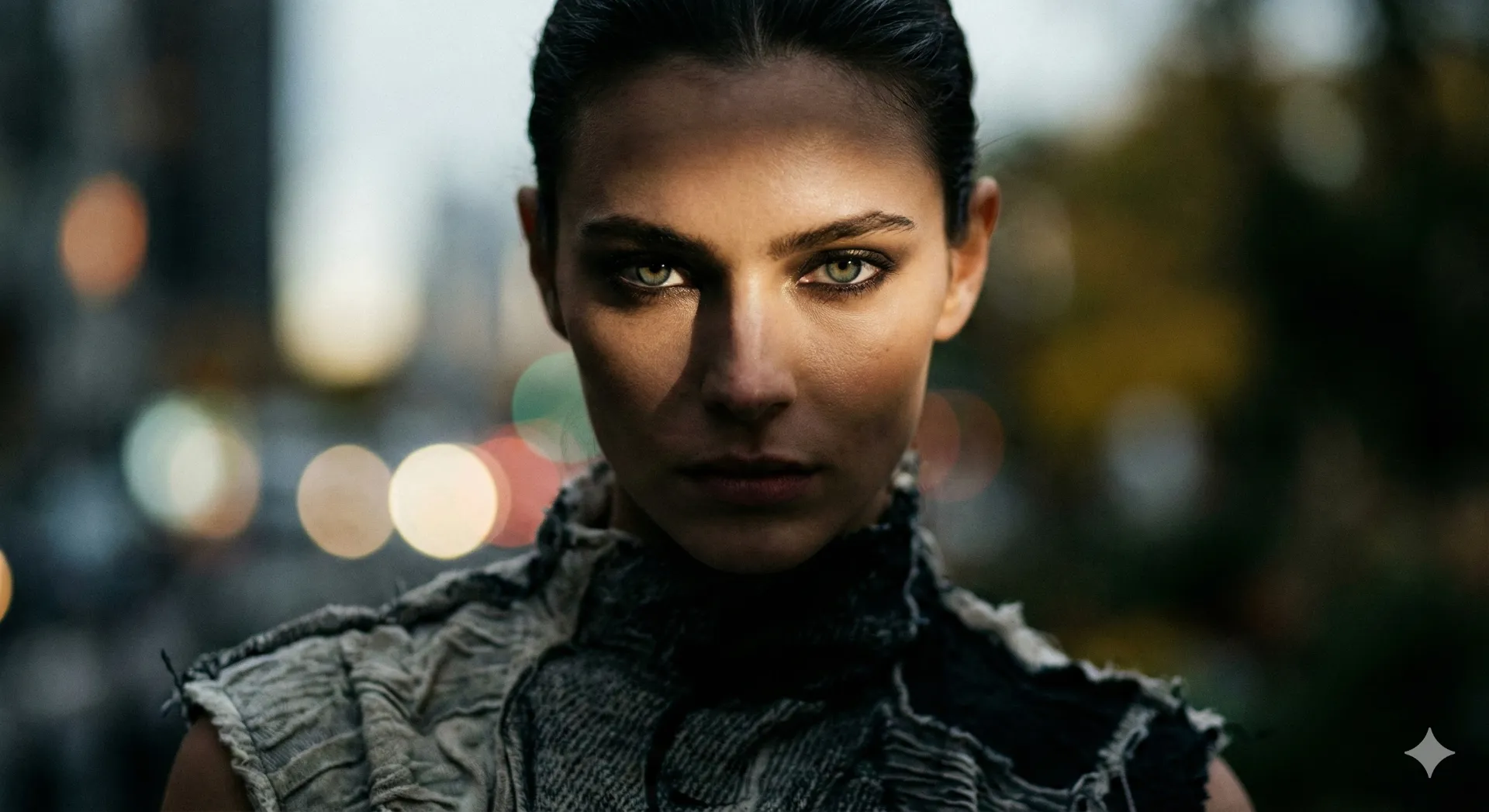 Sony a7 V ile cekilmis arka plani yumusak bir bokehle ayrilmis modelin gozlerine tam kilitlenmis yuksek kontrastli bir moda portresi