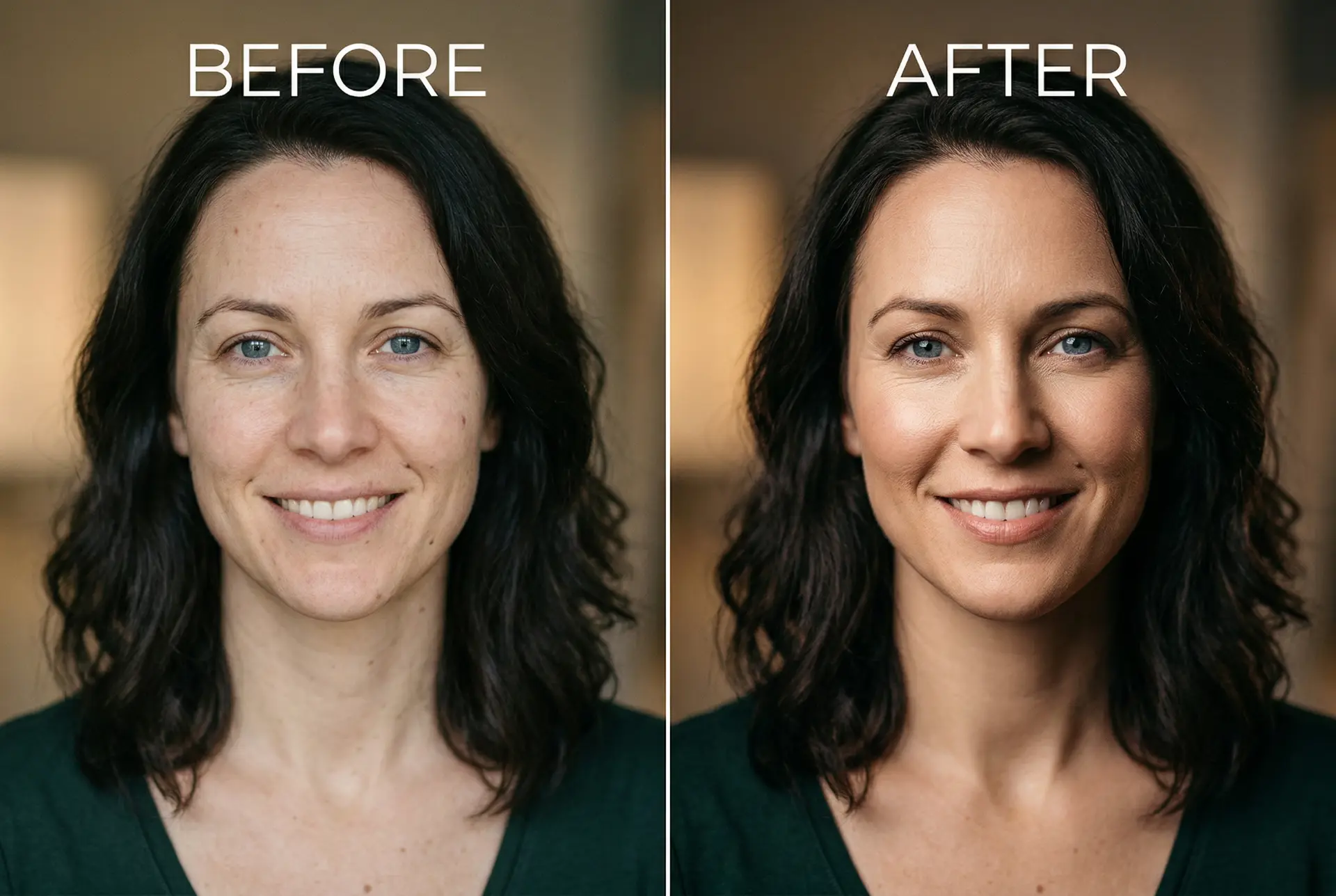 Yapay zeka fotoğrafçılığı trendlerinde, bir kadının fotoğrafının önce ve sonra hali.