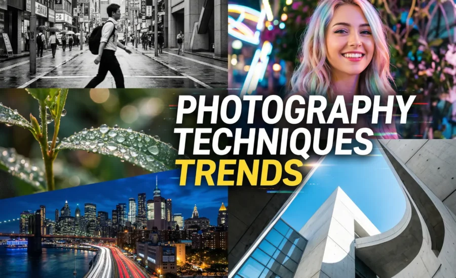 Fotoğraf teknikleri trendleri kolajı: Şehir manzaraları, makro çekim, portre ve mimari.