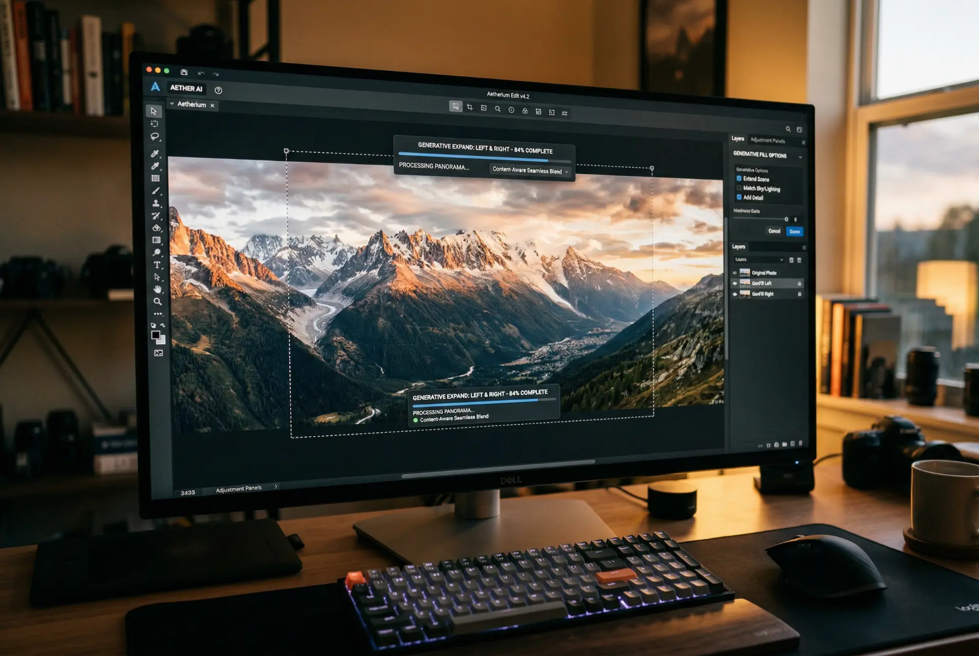 Yapay zeka fotoğrafçılığı trendleri: Bilgisayarda dağ manzarası fotoğrafı düzenleme.