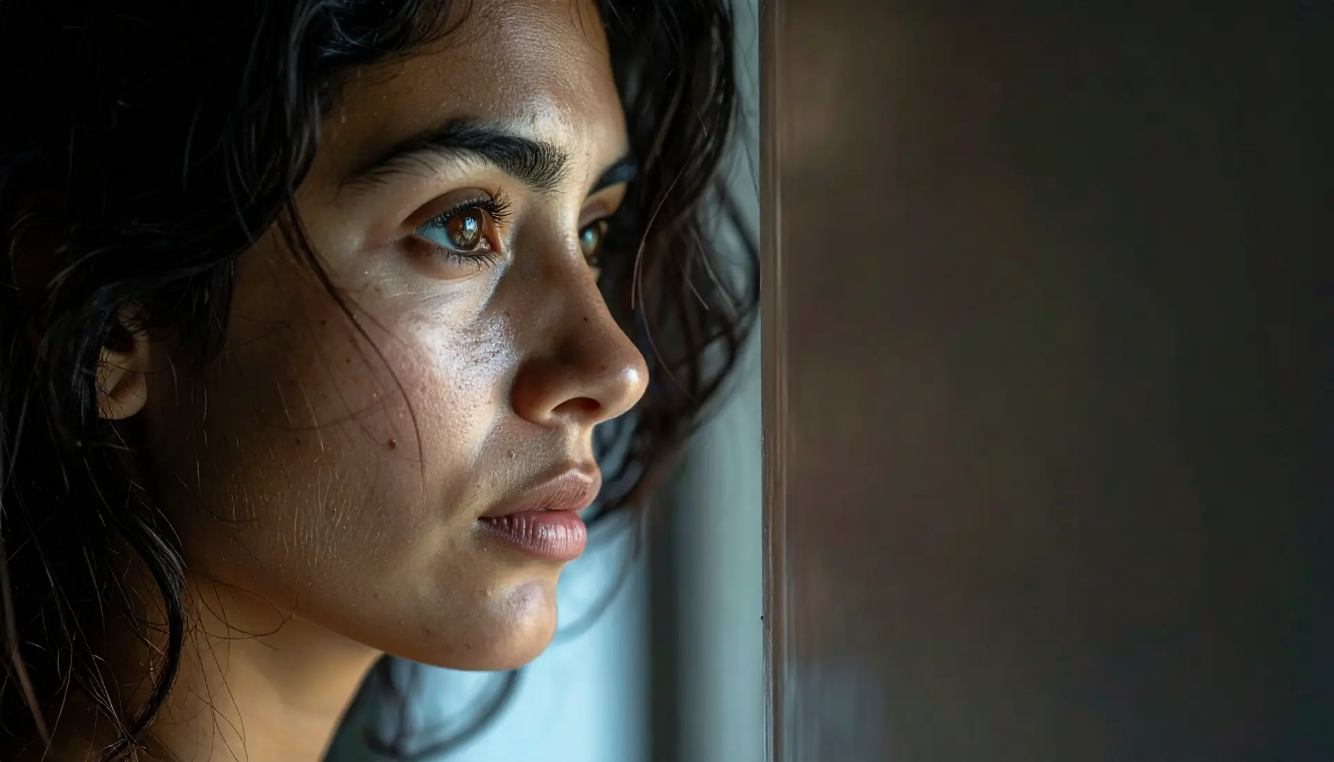 Boşluğun Doluluğu: Kadrajın Dışında Kalan Hikâyeler 2 A close up portrait of a distressed face positioned at the extreme left edge of the f 571176