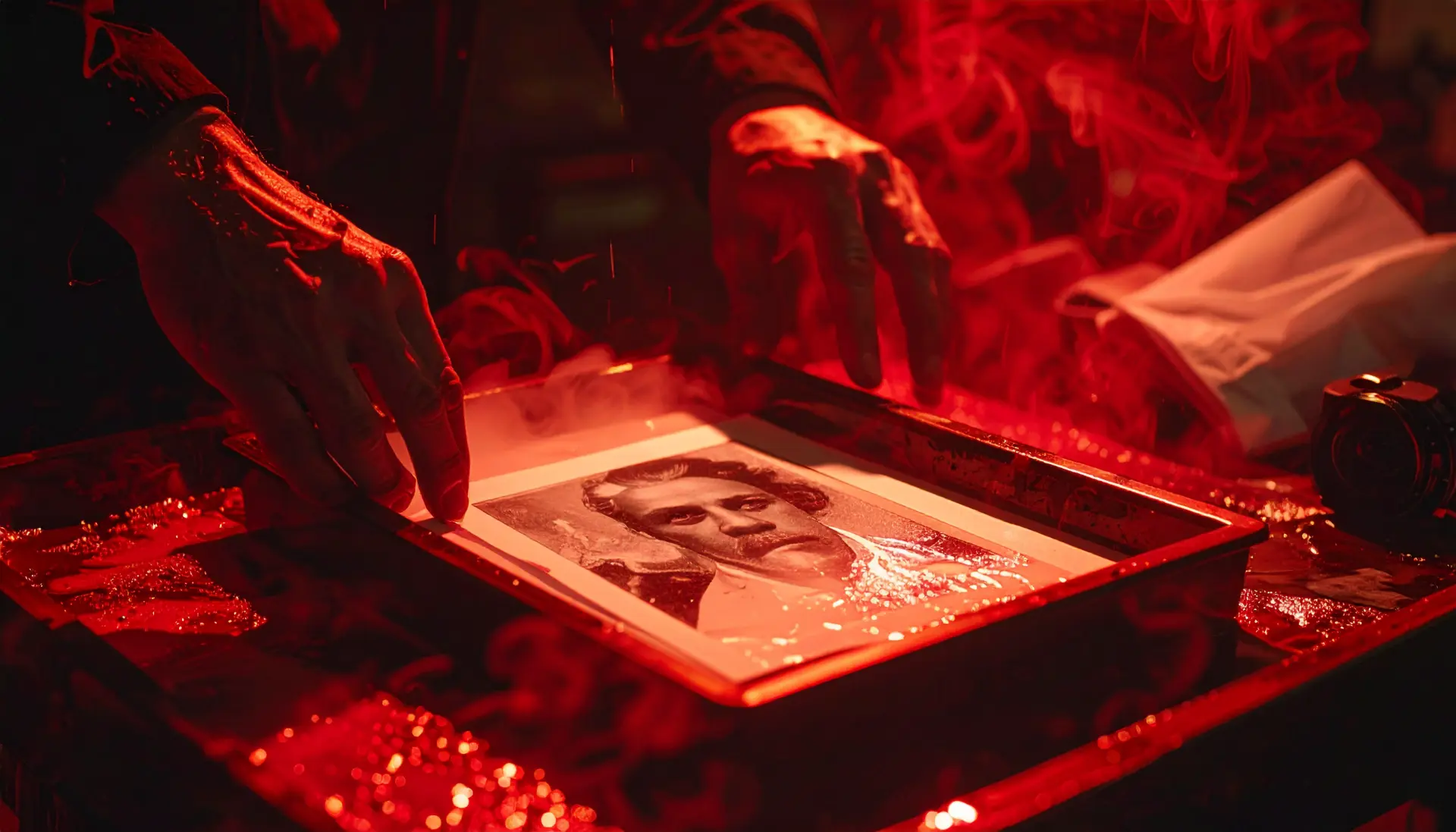 A dim red lit darkroom a photographers hands gently agitating a developing tray a 12371
