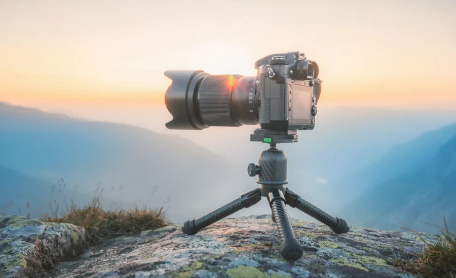 Dağ manzarasında tripod üzerinde fotoğraf makinesi. Işığın peşinde bir kare.