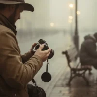 Sisli havada fotoğraf makinesiyle fotoğraf çeken bir fotoğrafçı