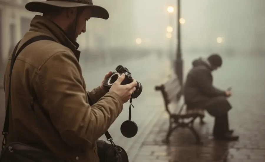 Sisli havada fotoğraf makinesiyle fotoğraf çeken bir fotoğrafçı