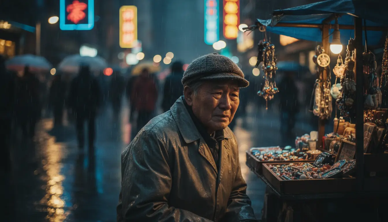 A highly emotional cinematic shot of an elderly street vendor in a crowded rainy cit