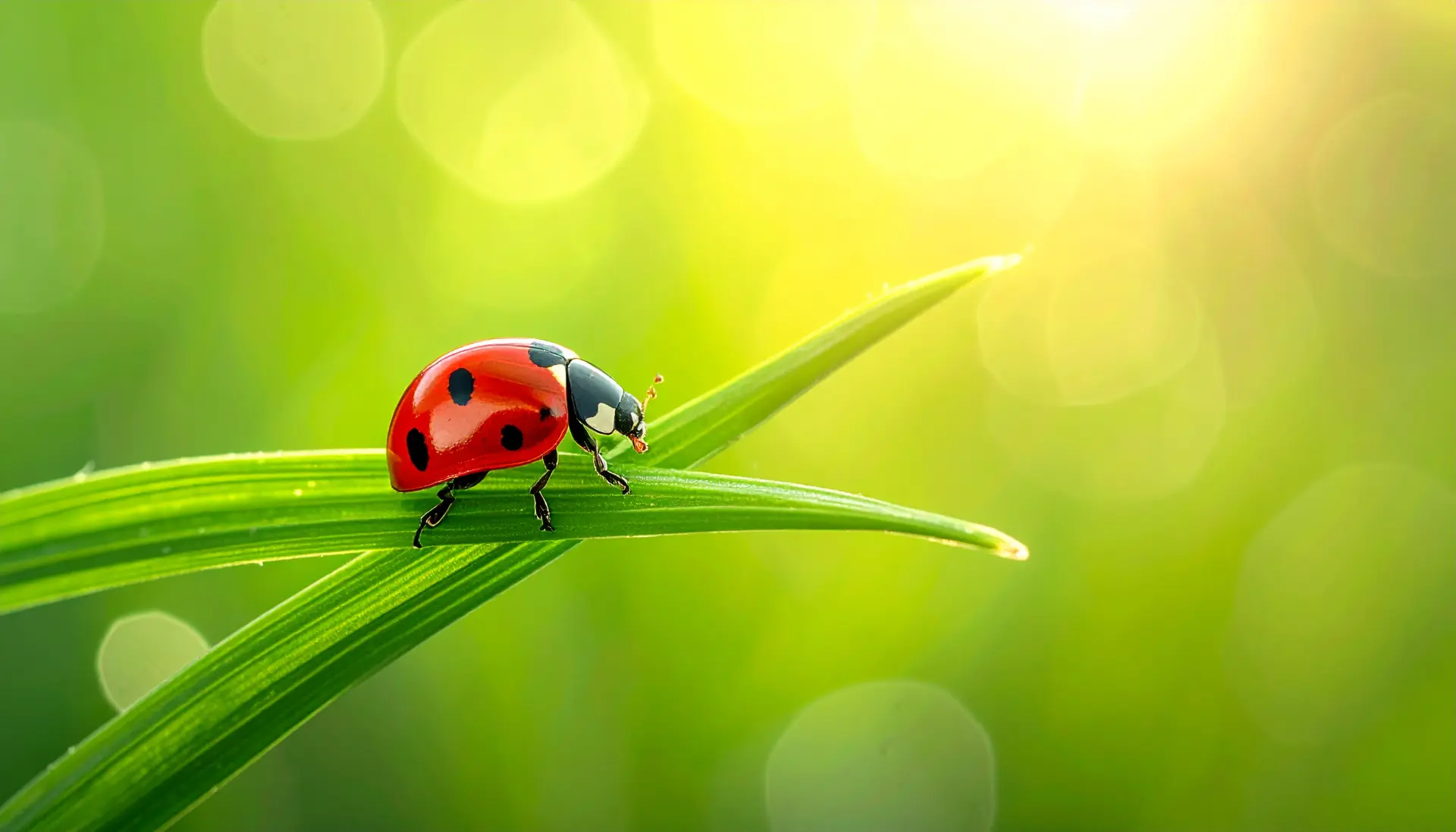 A highly photorealistic macro shot of a single vivid red ladybug crawling on the very 857578