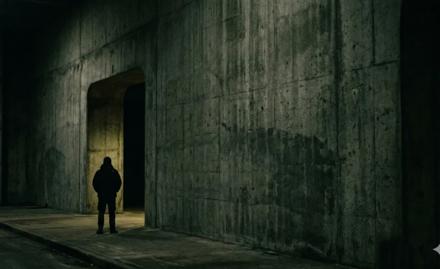 Beton tünelde yalnız bir figür, kadrajın dışında kalan hikâyeler için negatif alan kullanımı.