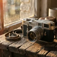 Kusur estetiği: Eski Leica kamera, film ruloları ve ahşap masa. Analog doku ve wabi-sabi unsurları içeriyor.
