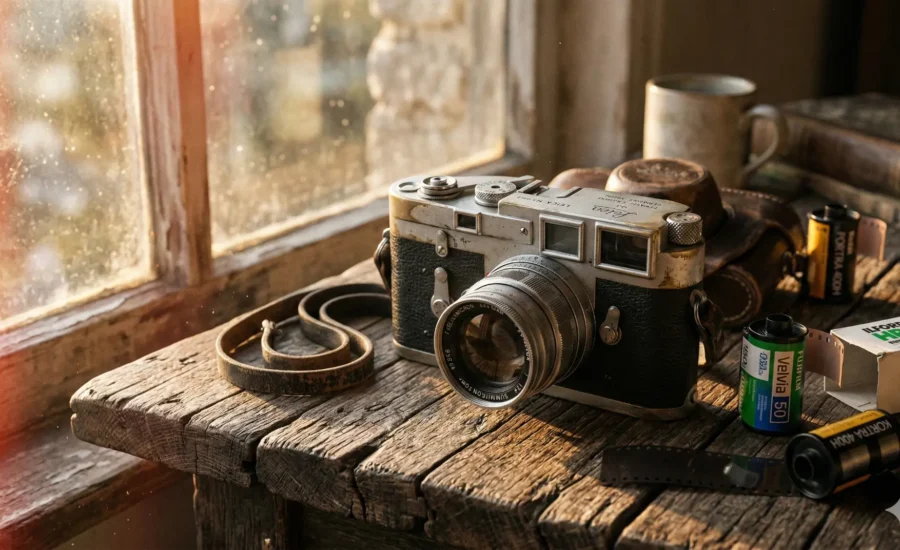 Kusur estetiği: Eski Leica kamera, film ruloları ve ahşap masa. Analog doku ve wabi-sabi unsurları içeriyor.