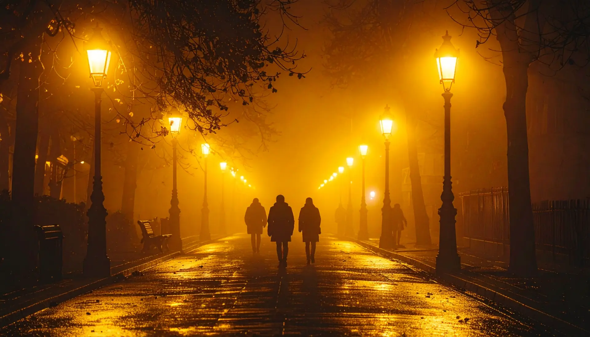 Atmospheric street photography at night heavy film grain silhouettes of people walk 324259