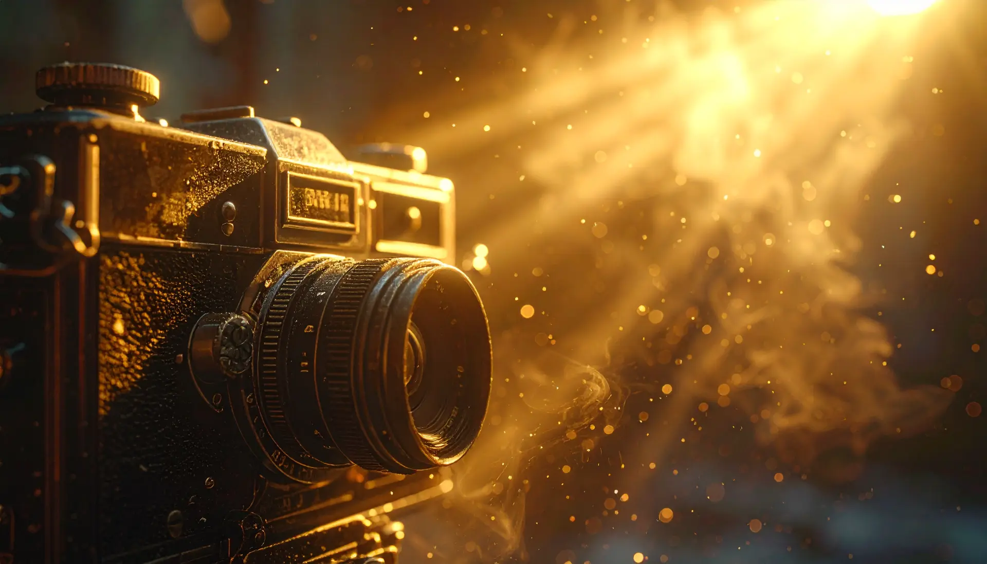 Cinematic close up of an old mechanical film camera dust motes dancing in a single b 12371