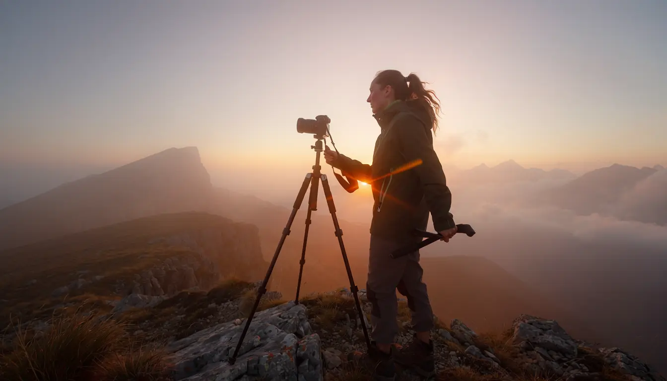 Fotoğrafçılık Eğitimi: Işığın ve Karelerin Efendisi Olun 1 Cinematic long shot of a professional photographer standing on a misty mountain ridge
