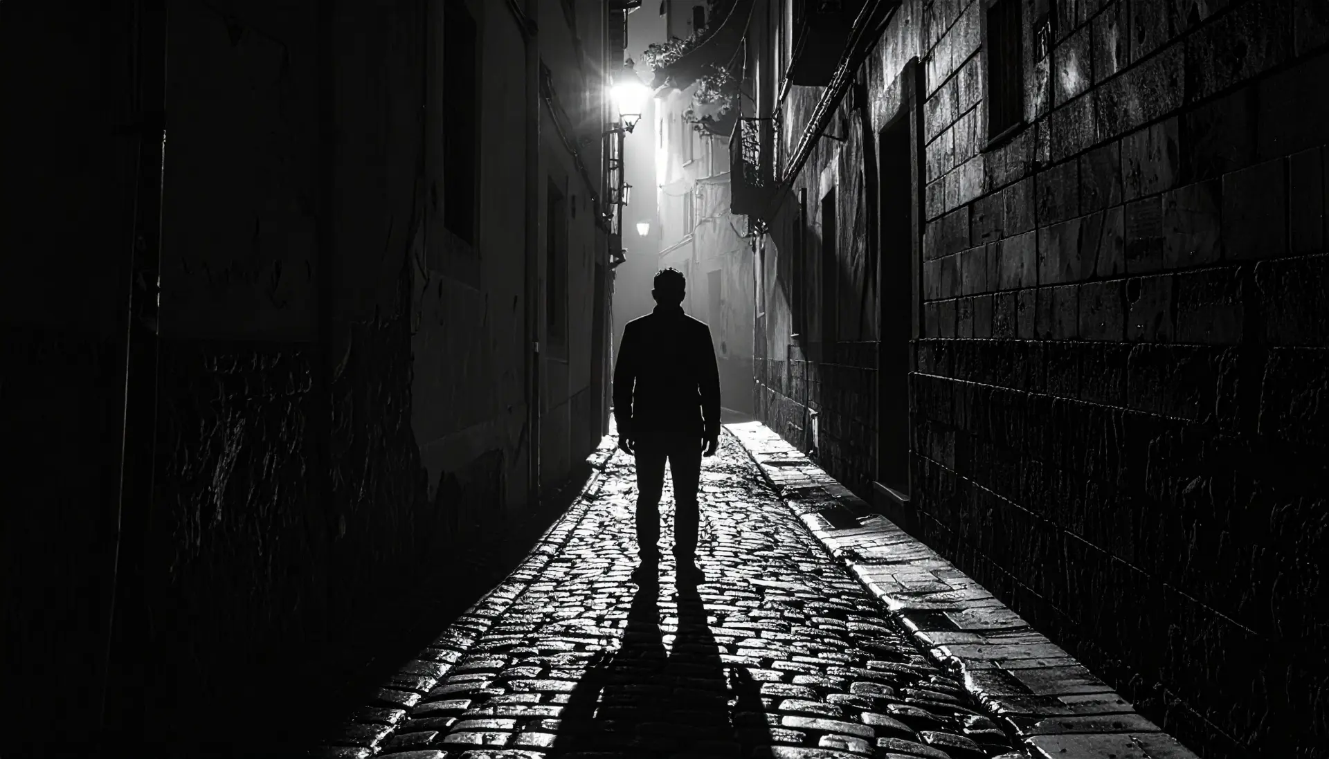 Cinematic street photography a solitary figure standing in a narrow cobblestone alle 480449