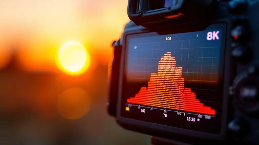 Fotoğrafçılık Eğitimi: Işığın ve Karelerin Efendisi Olun 2 Extreme close up of a digital cameras LCD screen showing a complex histogram graph