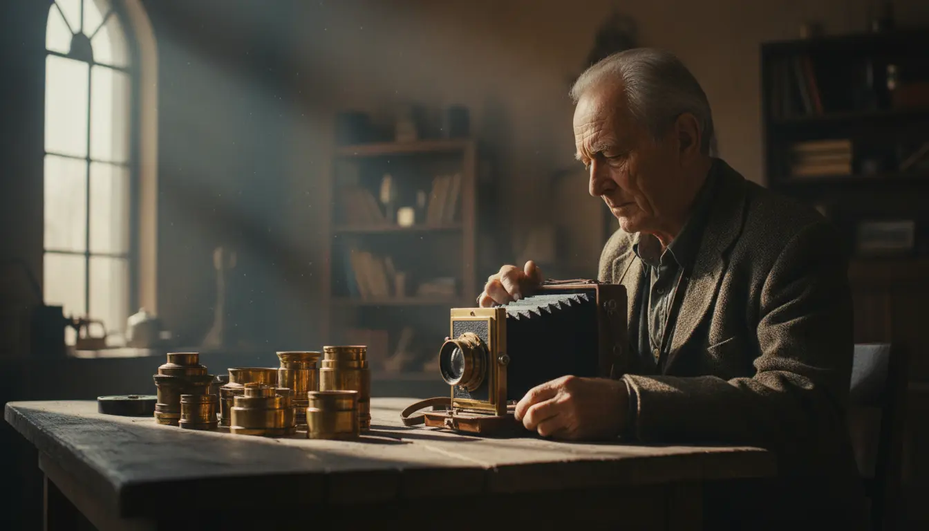 Firefly GeminiFlash A cinematic hyper realistic medium shot of an old photographer holding a vintage cam
