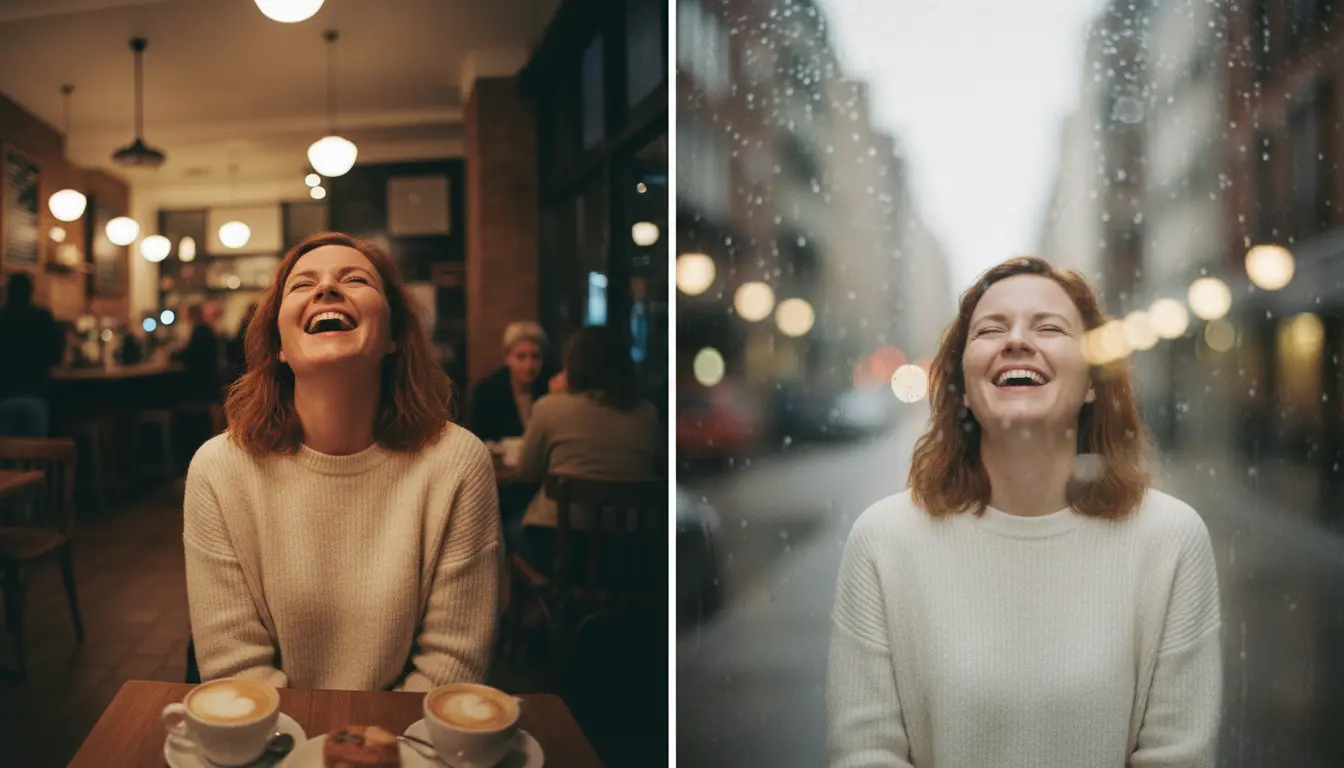 Firefly GeminiFlash Split screen concept image. Left side A wide angle 24mm distorted close up portrait