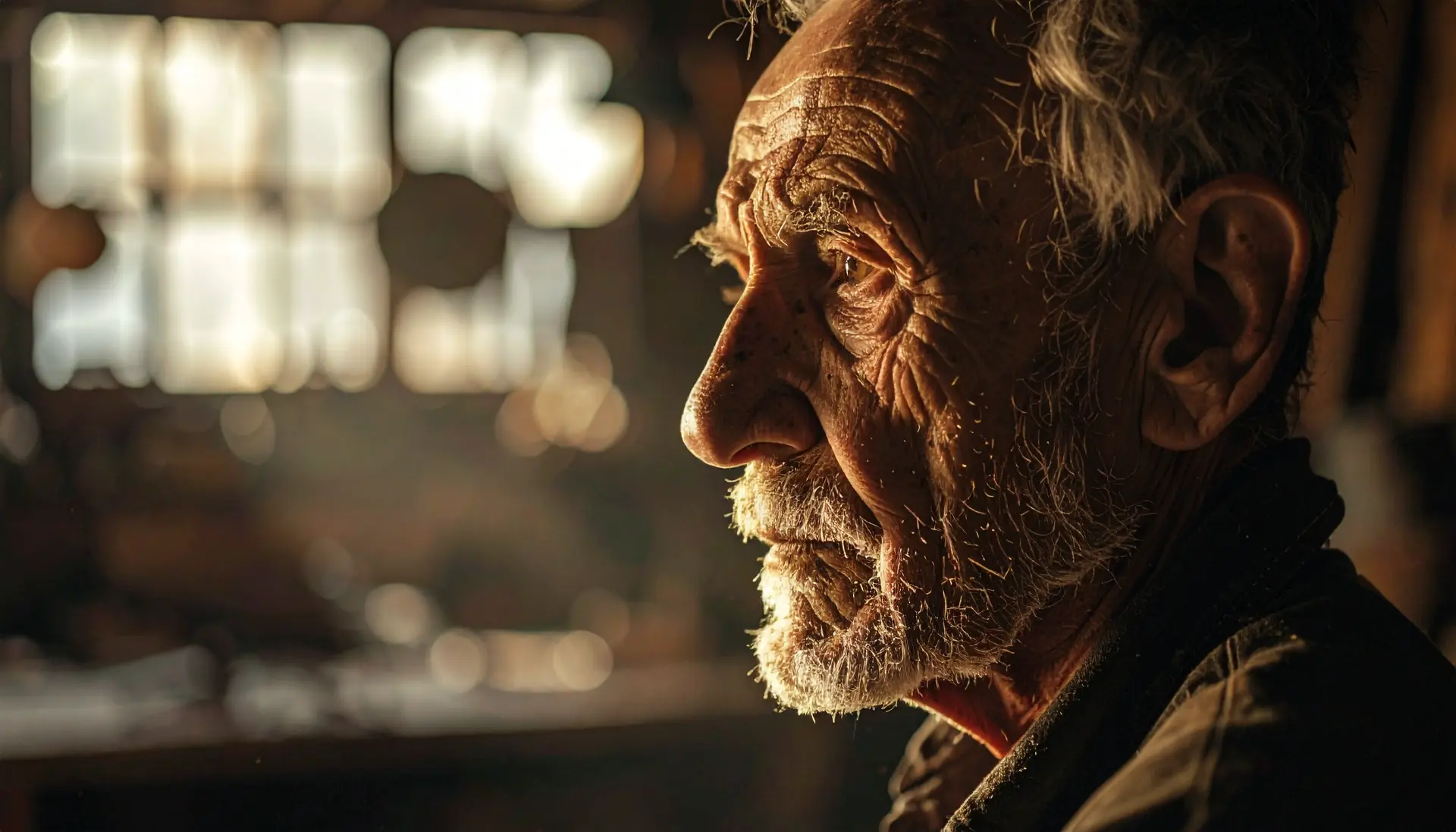 Low key dramatic portrait of an old artisan in a dimly lit workshop half of the face 587873