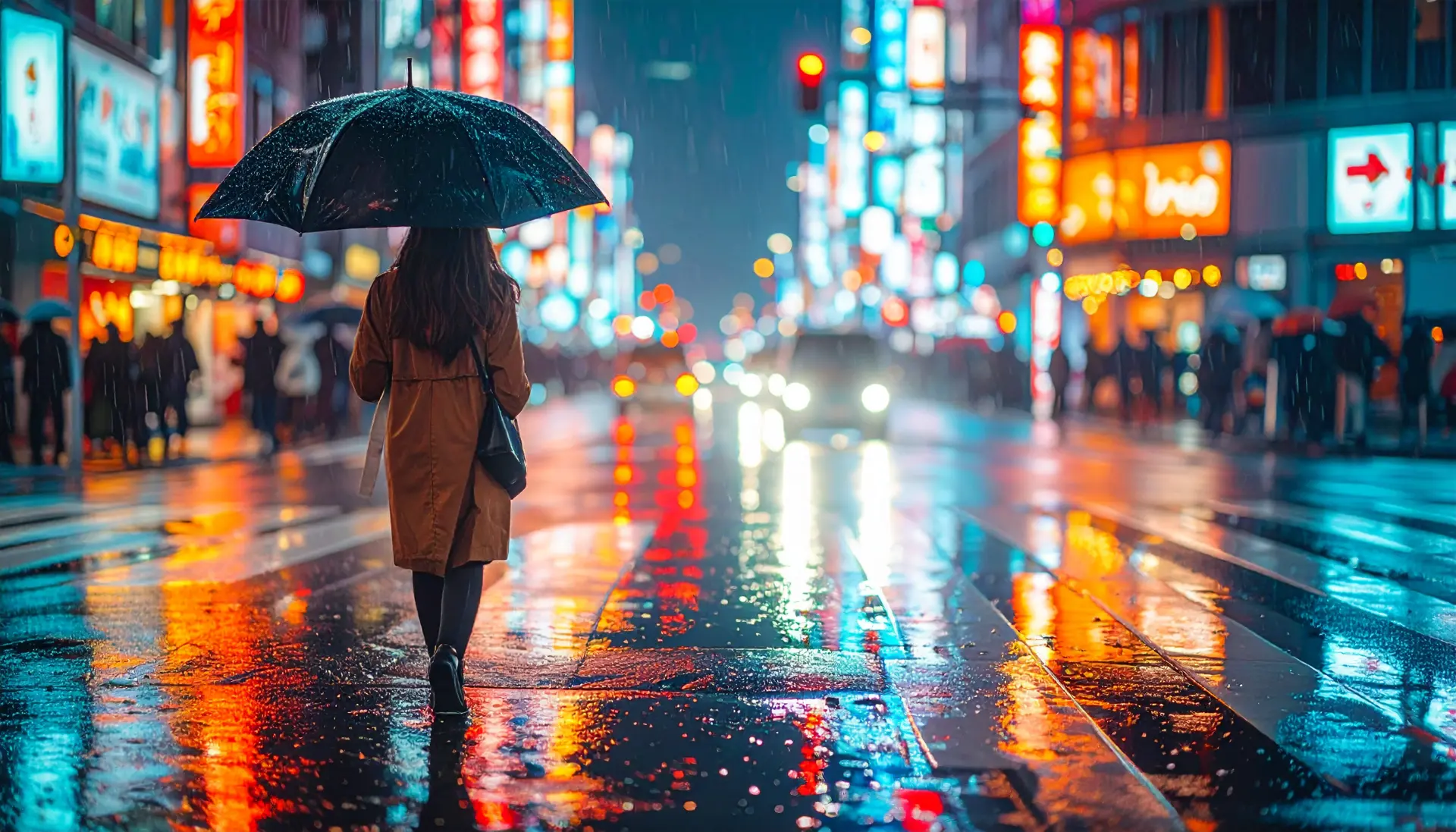 Fotoğrafçılık Eğitimi: Işığın ve Karelerin Efendisi Olun 3 Street photography scene in Tokyo at night during rain neon lights reflecting on wet