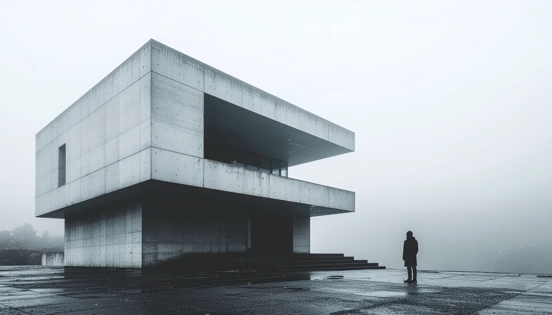 a majestic brutalist architecture building standing in profound silence foggy mornin 1