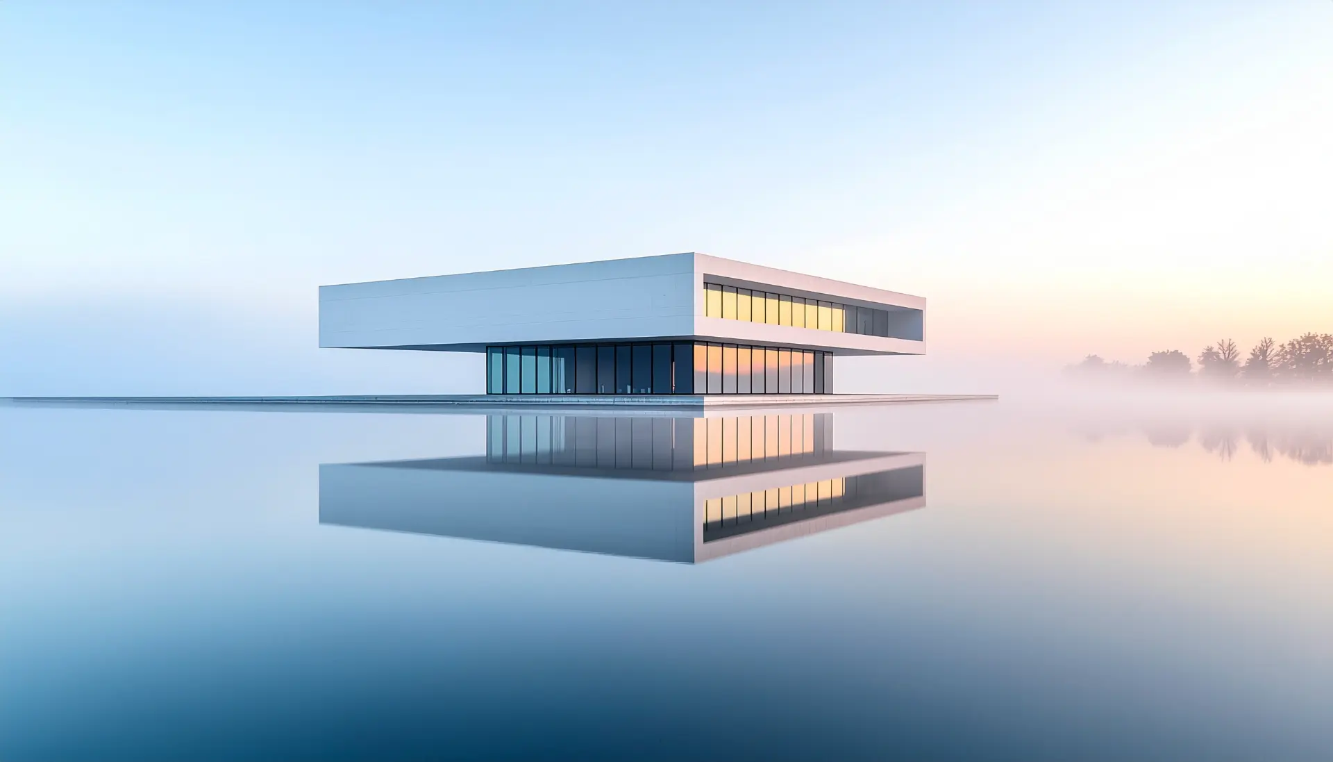 a modern minimalist museum building emerging from thick morning mist reflecting perf