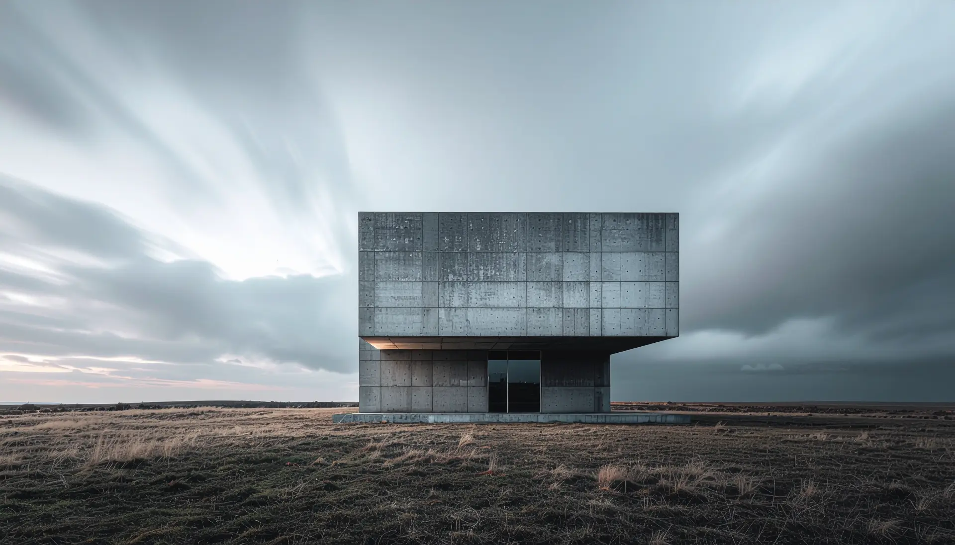 a solitary minimalist brutalist concrete building standing in a vast empty minimali