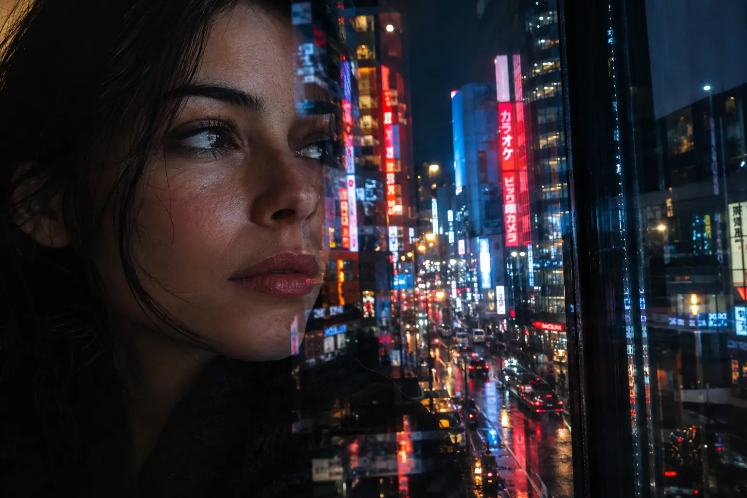 Camın Arkasındaki Şehir: Çift Katmanlı Portreler 3 A close up professional portrait of a person looking out of a window at night