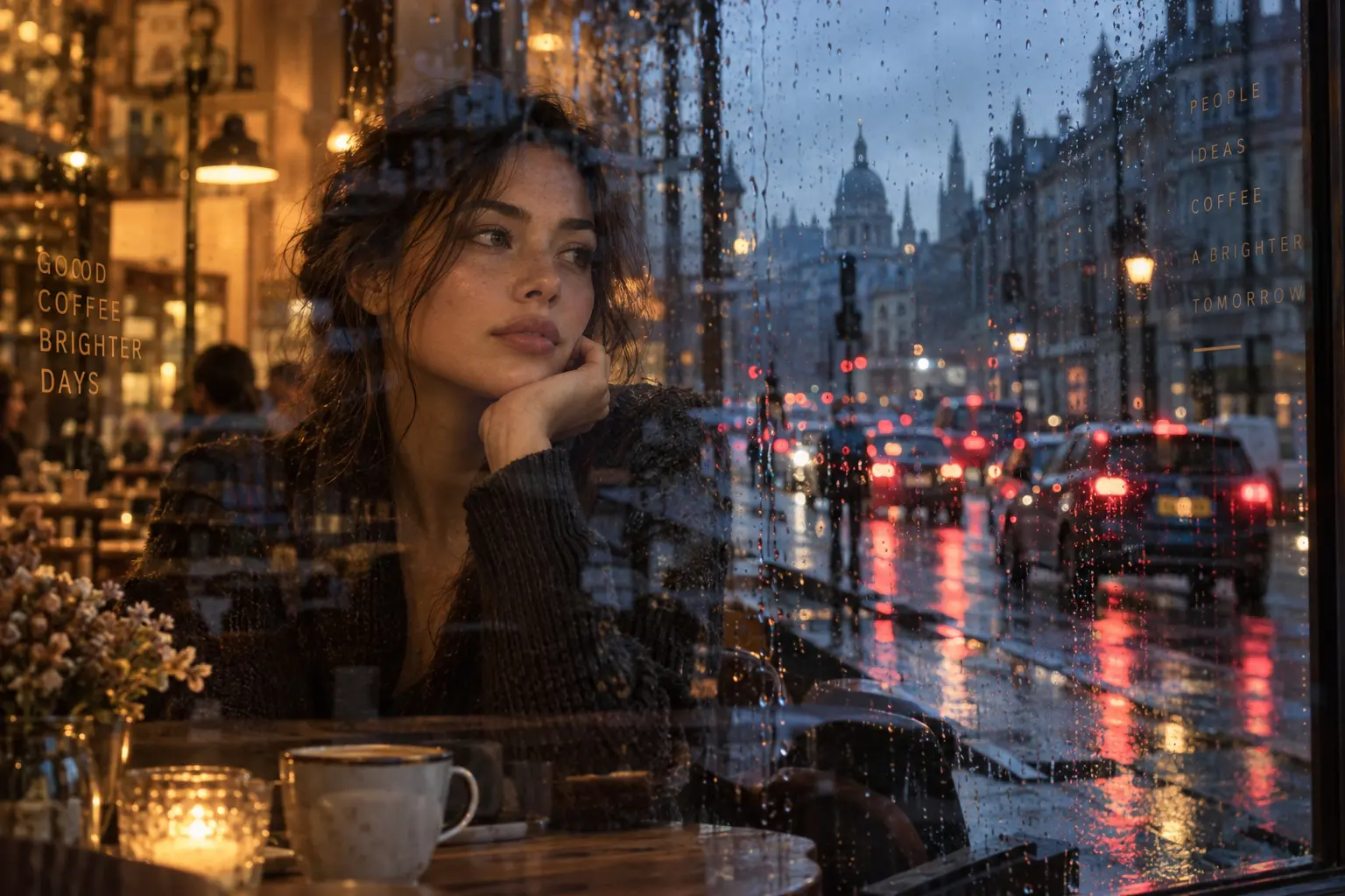 Camın Arkasındaki Şehir: Çift Katmanlı Portreler 2 A double exposure street portrait captured through a rain streaked cafe window
