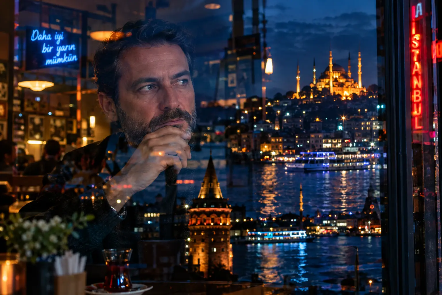 Camın Arkasındaki Şehir: Çift Katmanlı Portreler 1 A double exposure style portrait of a reflective window the sharp face of a thought