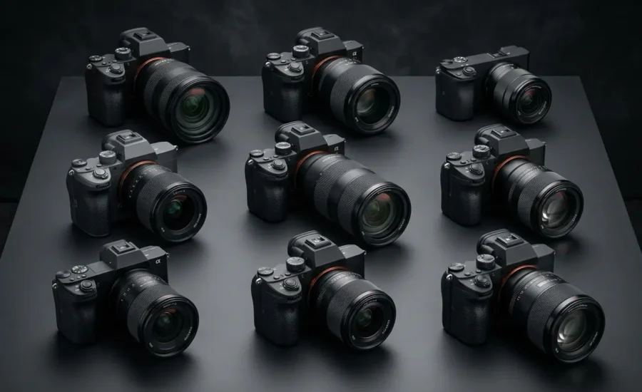 A Premium Editorial Product Photography Scene Featuring Nine Modern Mirrorless Camera