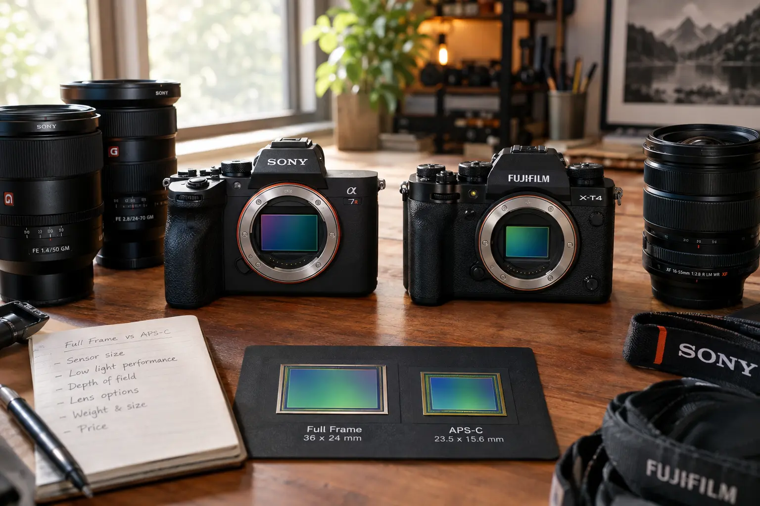 A professional photographer comparing a modern full frame mirrorless camera and an AP