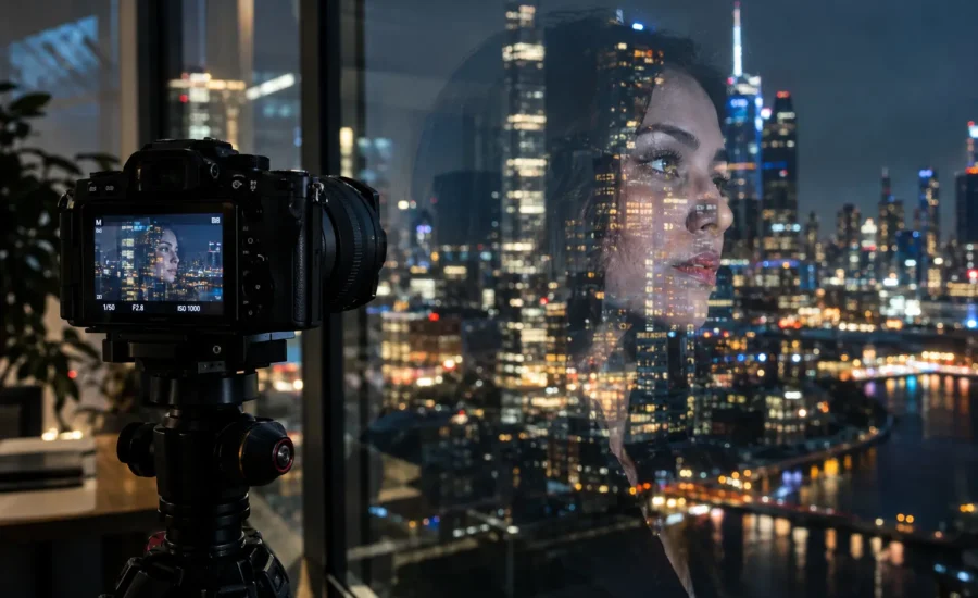 A Wide Angle Cinematic Shot Of A Professional Camera On A Tripod Capturing A Double
