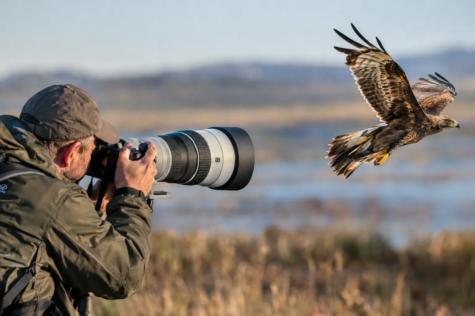 mage A professional photographer using a Sony A1 II style flagship mirrorless camera with